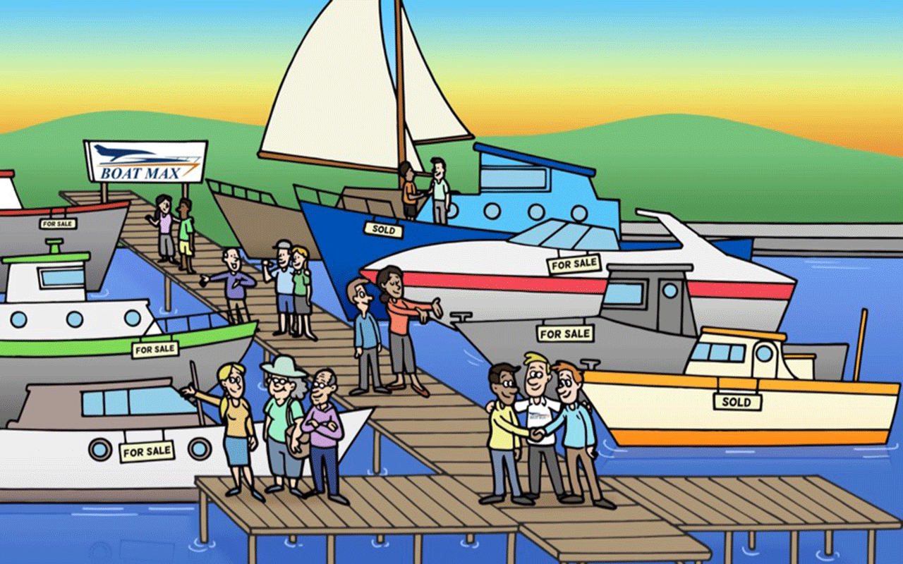 Illustration of happy buyers and sellers at Boatmax in City Island